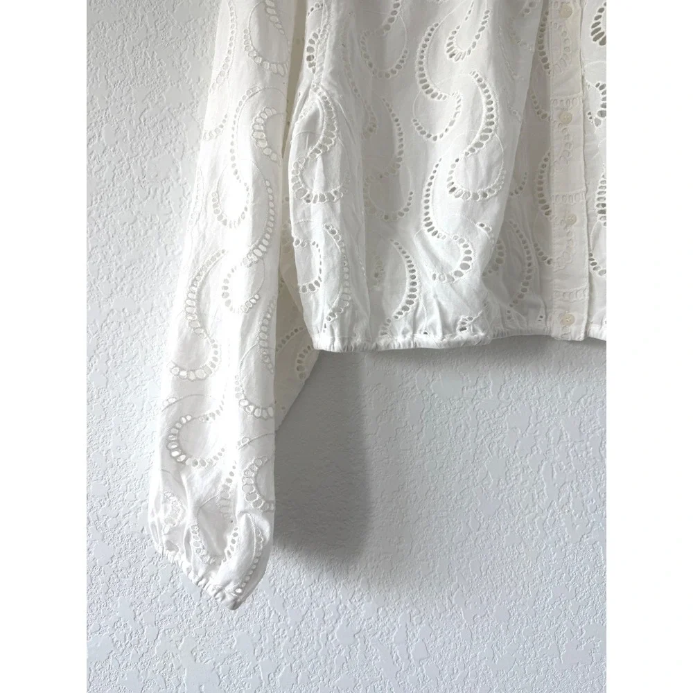 H&M White Cotton Eyelet Button Front Balloon Sleeve Blouse Large NWT Boho Summer